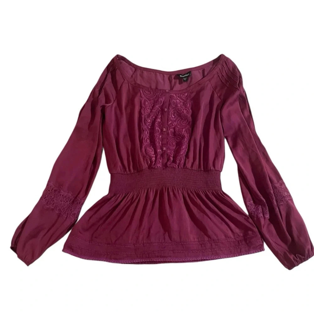 Bebe Purple Long Sleeve Smocked Peplum Blouse - Picture 2 of 11